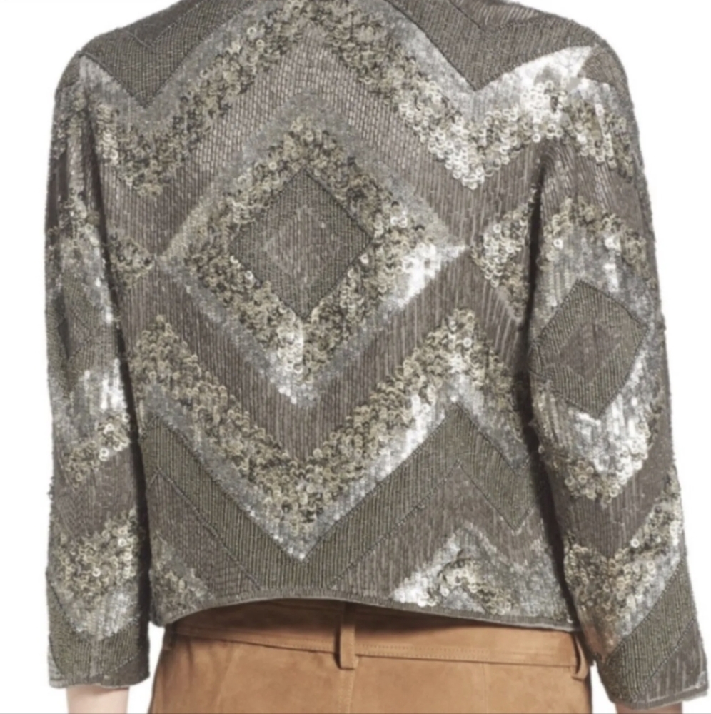 Olivia Palermo Chelsea 28 grey silver sequined beaded jacket top size XS